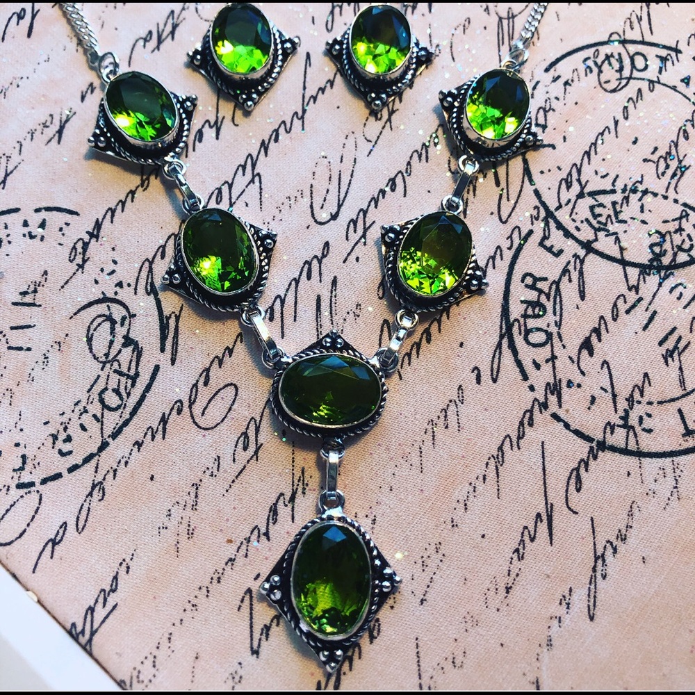Peridot 925 Silver Necklace and Earrings